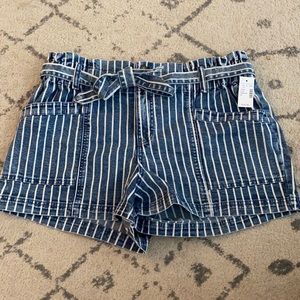 Striped jean paper bag waist shorts